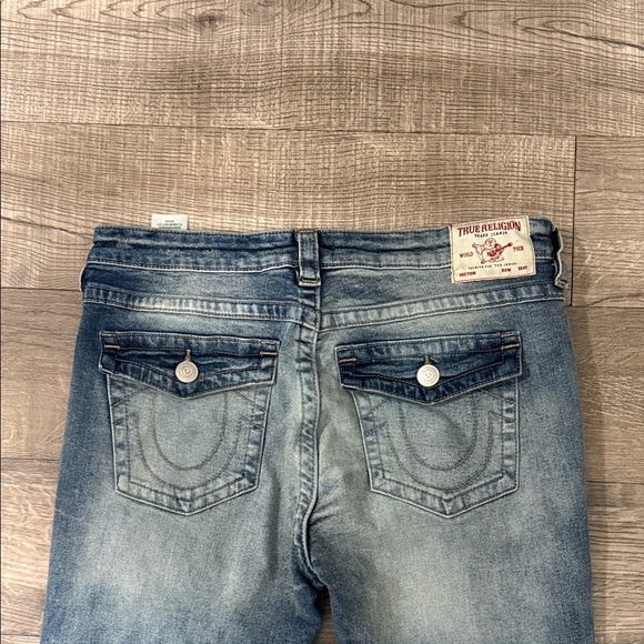 Size 31 True Religion Joey Mid Rise Flare Distressed Jeans in Blue - Picture 10 of 13
